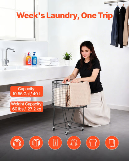 Laundry Cart, Rolling Round Grocery Utility Cart with 360° Swivel Wheels, 60 LBS Large Load Capacity, Heavy Duty Carbon Steel Shopping Basket for Laundry, Shopping, Camping, Grocery, Luggage