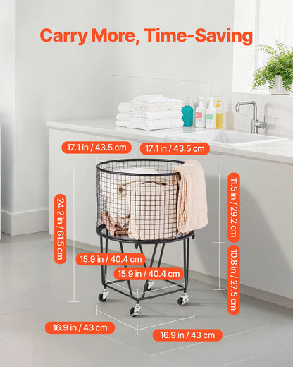 Laundry Cart, Rolling Round Grocery Utility Cart with 360° Swivel Wheels, 60 LBS Large Load Capacity, Heavy Duty Carbon Steel Shopping Basket for Laundry, Shopping, Camping, Grocery, Luggage