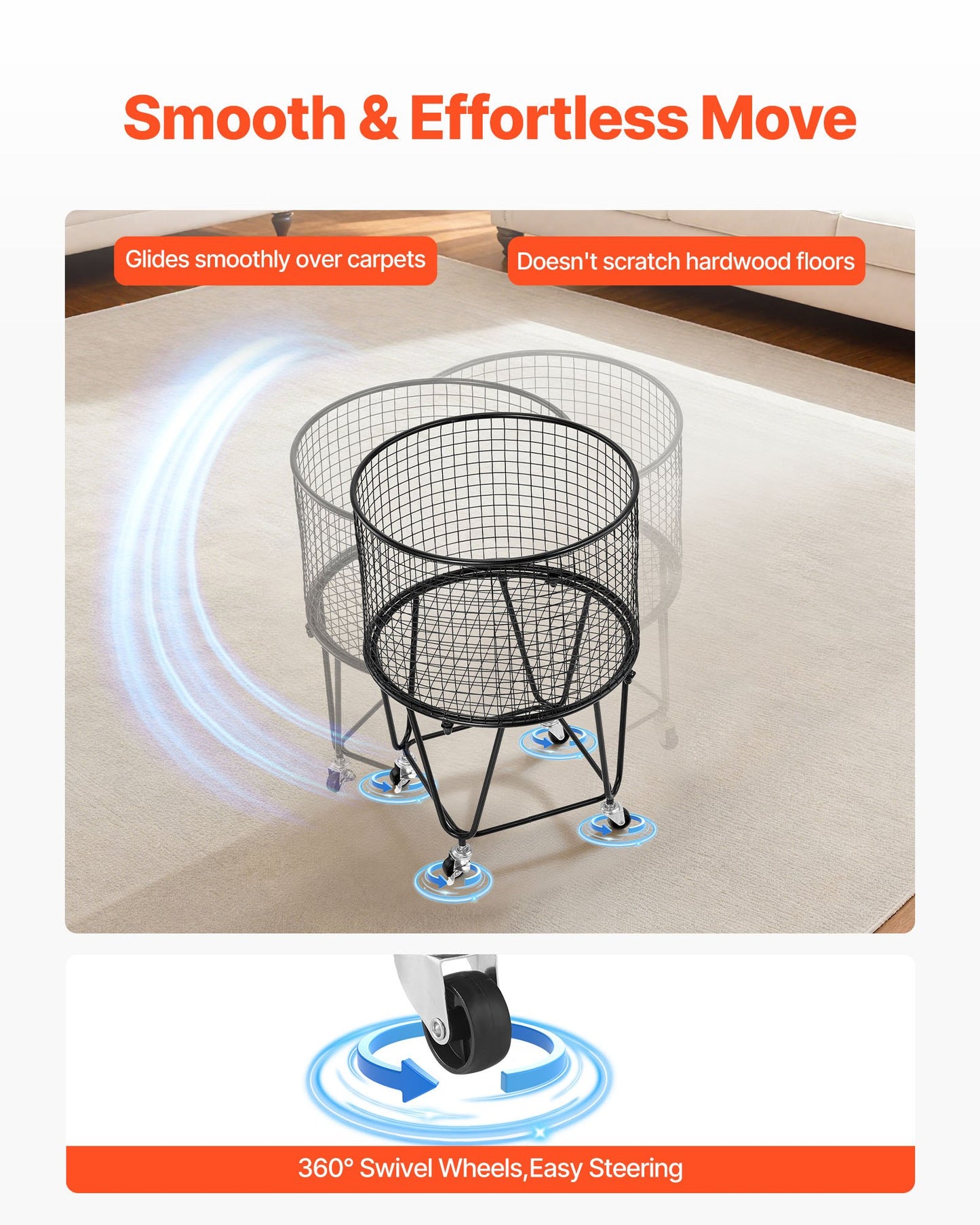 Laundry Cart, Rolling Round Grocery Utility Cart with 360° Swivel Wheels, 60 LBS Large Load Capacity, Heavy Duty Carbon Steel Shopping Basket for Laundry, Shopping, Camping, Grocery, Luggage