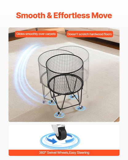 Laundry Cart, Rolling Round Grocery Utility Cart with 360° Swivel Wheels, 60 LBS Large Load Capacity, Heavy Duty Carbon Steel Shopping Basket for Laundry, Shopping, Camping, Grocery, Luggage