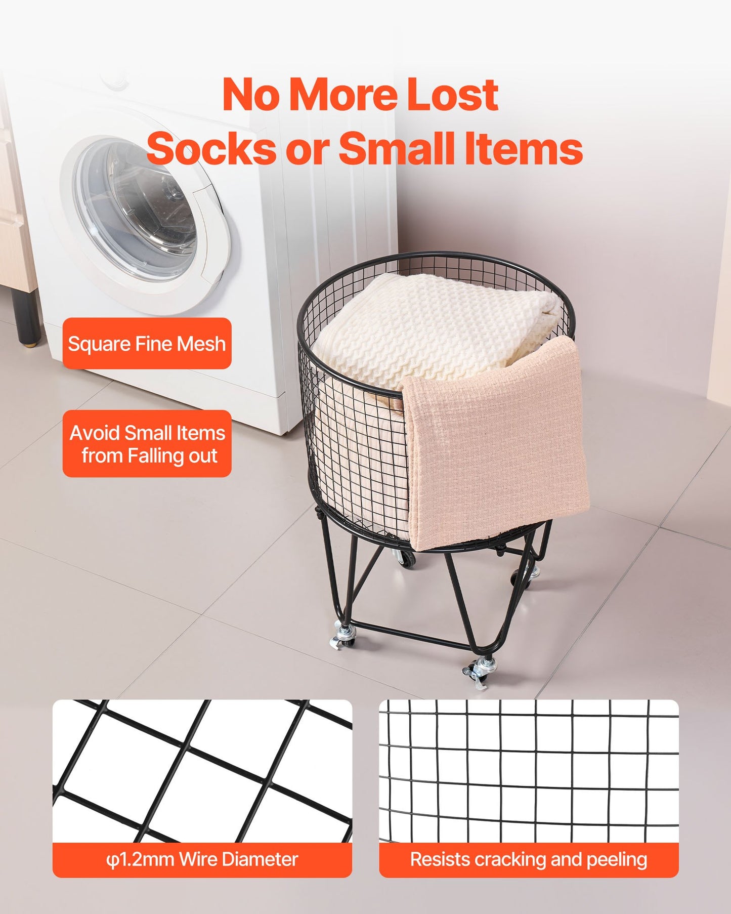 Laundry Cart, Rolling Round Grocery Utility Cart with 360° Swivel Wheels, 60 LBS Large Load Capacity, Heavy Duty Carbon Steel Shopping Basket for Laundry, Shopping, Camping, Grocery, Luggage