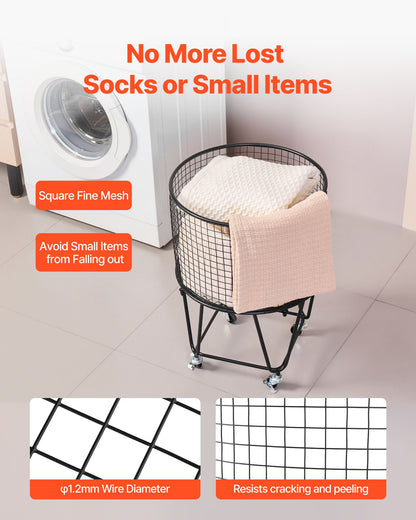 Laundry Cart, Rolling Round Grocery Utility Cart with 360° Swivel Wheels, 60 LBS Large Load Capacity, Heavy Duty Carbon Steel Shopping Basket for Laundry, Shopping, Camping, Grocery, Luggage