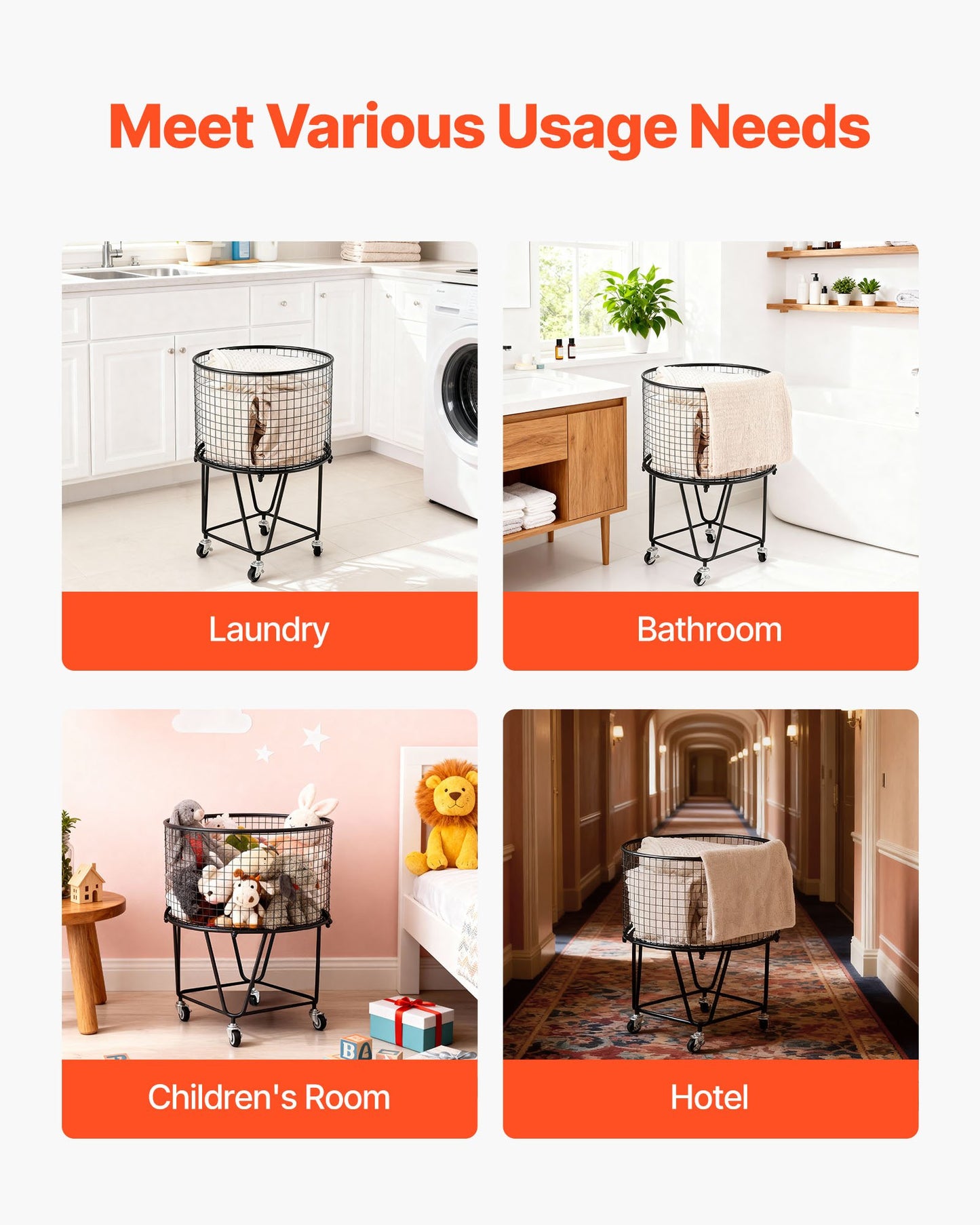 Laundry Cart, Rolling Round Grocery Utility Cart with 360° Swivel Wheels, 60 LBS Large Load Capacity, Heavy Duty Carbon Steel Shopping Basket for Laundry, Shopping, Camping, Grocery, Luggage