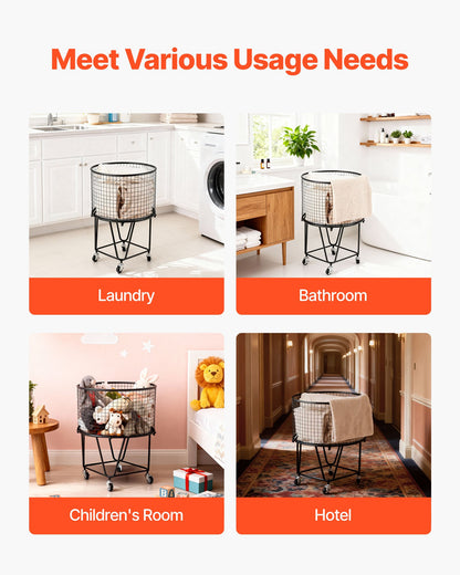 Laundry Cart, Rolling Round Grocery Utility Cart with 360° Swivel Wheels, 60 LBS Large Load Capacity, Heavy Duty Carbon Steel Shopping Basket for Laundry, Shopping, Camping, Grocery, Luggage