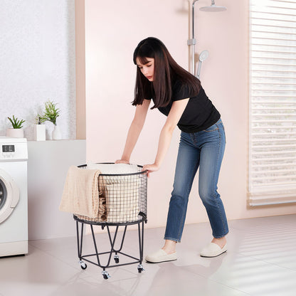 Laundry Cart, Rolling Round Grocery Utility Cart with 360° Swivel Wheels, 60 LBS Large Load Capacity, Heavy Duty Carbon Steel Shopping Basket for Laundry, Shopping, Camping, Grocery, Luggage