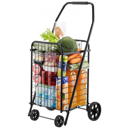 Shopping Cart, Folding Grocery Utility Cart with Swivel Wheels, 90 LBS Large Load Capacity, Heavy Duty Rolling Laundry Basket Butler for Laundry, Shopping, Camping, Grocery, Luggage, Black