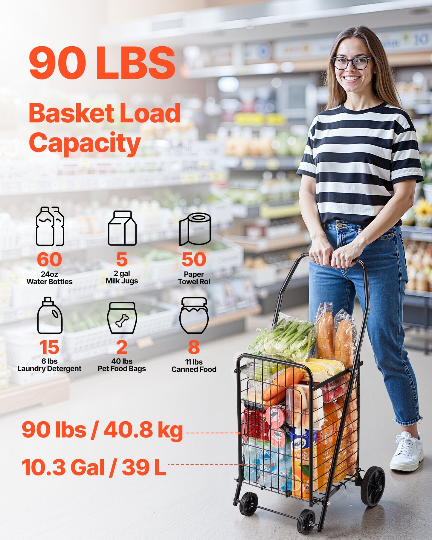 Shopping Cart, Folding Grocery Utility Cart with Swivel Wheels, 90 LBS Large Load Capacity, Heavy Duty Rolling Laundry Basket Butler for Laundry, Shopping, Camping, Grocery, Luggage, Black