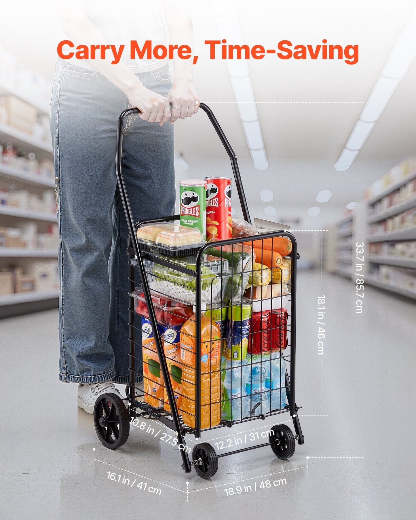 Shopping Cart, Folding Grocery Utility Cart with Swivel Wheels, 90 LBS Large Load Capacity, Heavy Duty Rolling Laundry Basket Butler for Laundry, Shopping, Camping, Grocery, Luggage, Black