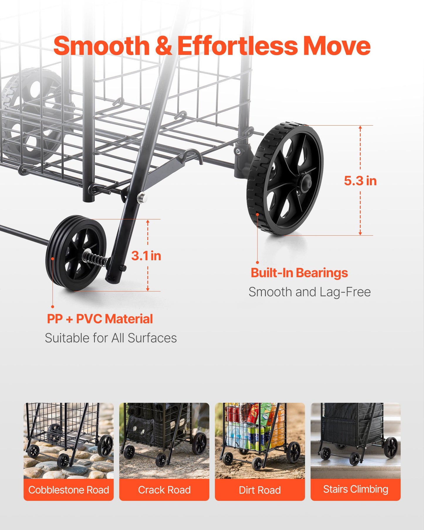 Shopping Cart, Folding Grocery Utility Cart with Swivel Wheels, 90 LBS Large Load Capacity, Heavy Duty Rolling Laundry Basket Butler for Laundry, Shopping, Camping, Grocery, Luggage, Black