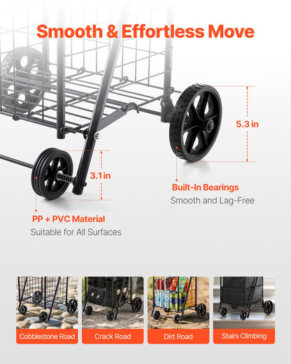 Shopping Cart, Folding Grocery Utility Cart with Swivel Wheels, 90 LBS Large Load Capacity, Heavy Duty Rolling Laundry Basket Butler for Laundry, Shopping, Camping, Grocery, Luggage, Black