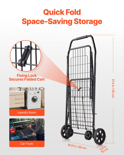 Shopping Cart, Folding Grocery Utility Cart with Swivel Wheels, 90 LBS Large Load Capacity, Heavy Duty Rolling Laundry Basket Butler for Laundry, Shopping, Camping, Grocery, Luggage, Black