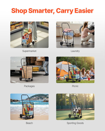 Shopping Cart, Folding Grocery Utility Cart with Swivel Wheels, 90 LBS Large Load Capacity, Heavy Duty Rolling Laundry Basket Butler for Laundry, Shopping, Camping, Grocery, Luggage, Black