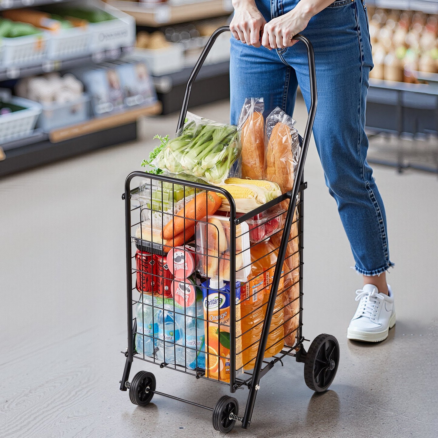 Shopping Cart, Folding Grocery Utility Cart with Swivel Wheels, 90 LBS Large Load Capacity, Heavy Duty Rolling Laundry Basket Butler for Laundry, Shopping, Camping, Grocery, Luggage, Black