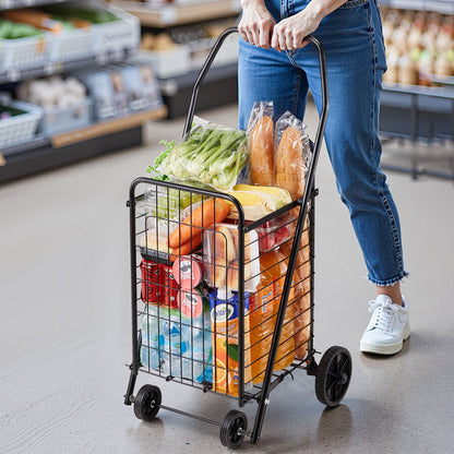 Shopping Cart, Folding Grocery Utility Cart with Swivel Wheels, 90 LBS Large Load Capacity, Heavy Duty Rolling Laundry Basket Butler for Laundry, Shopping, Camping, Grocery, Luggage, Black