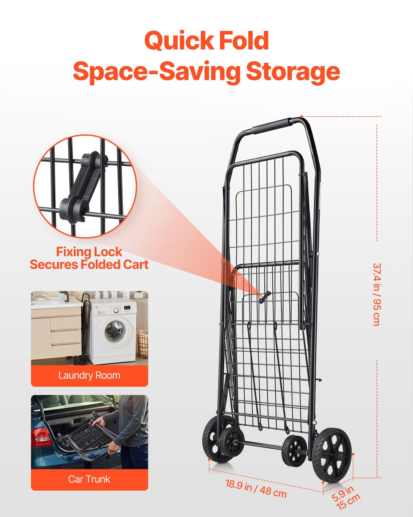 Shopping Cart, Folding Grocery Utility Cart with Swivel Wheels, 90 LBS Large Load Capacity, Heavy Duty Rolling Laundry Basket Butler for Laundry, Shopping, Camping, Grocery, Luggage, Black
