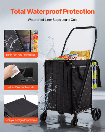 Shopping Cart, Folding Grocery Utility Cart with Dual Baskets, Waterproof Liner & Wheels, 100 LBS Large Load Capacity, Heavy Duty Laundry Basket for Laundry, Shopping, Camping, Grocery, Luggage