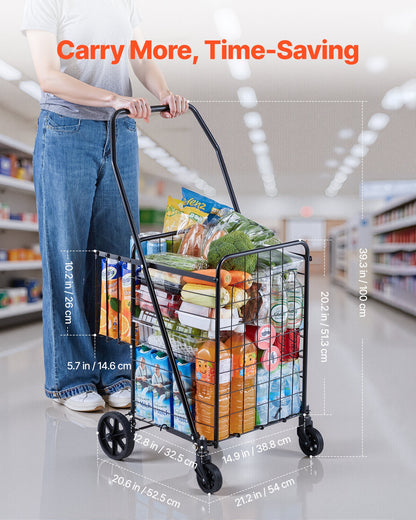 Shopping Cart, Folding Grocery Utility Cart with Dual Baskets, Waterproof Liner & Wheels, 100 LBS Large Load Capacity, Heavy Duty Laundry Basket for Laundry, Shopping, Camping, Grocery, Luggage