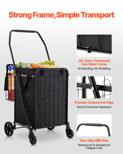 Shopping Cart, Folding Grocery Utility Cart with Dual Baskets, Waterproof Liner & Wheels, 100 LBS Large Load Capacity, Heavy Duty Laundry Basket for Laundry, Shopping, Camping, Grocery, Luggage