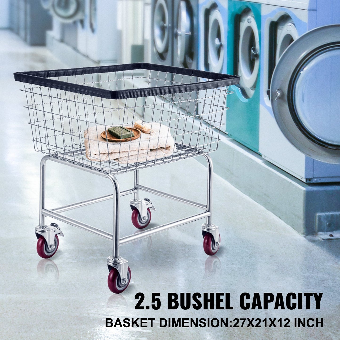 Wire Laundry Cart, 2.8Bushel Wire Laundry Basket with Wheels, 26.7''x21.7''x26.4'' Commercial Wire Laundry Basket Cart, Steel Frame with Chrome Finish, 4" Casters, Wire Basket Cart for Laundry