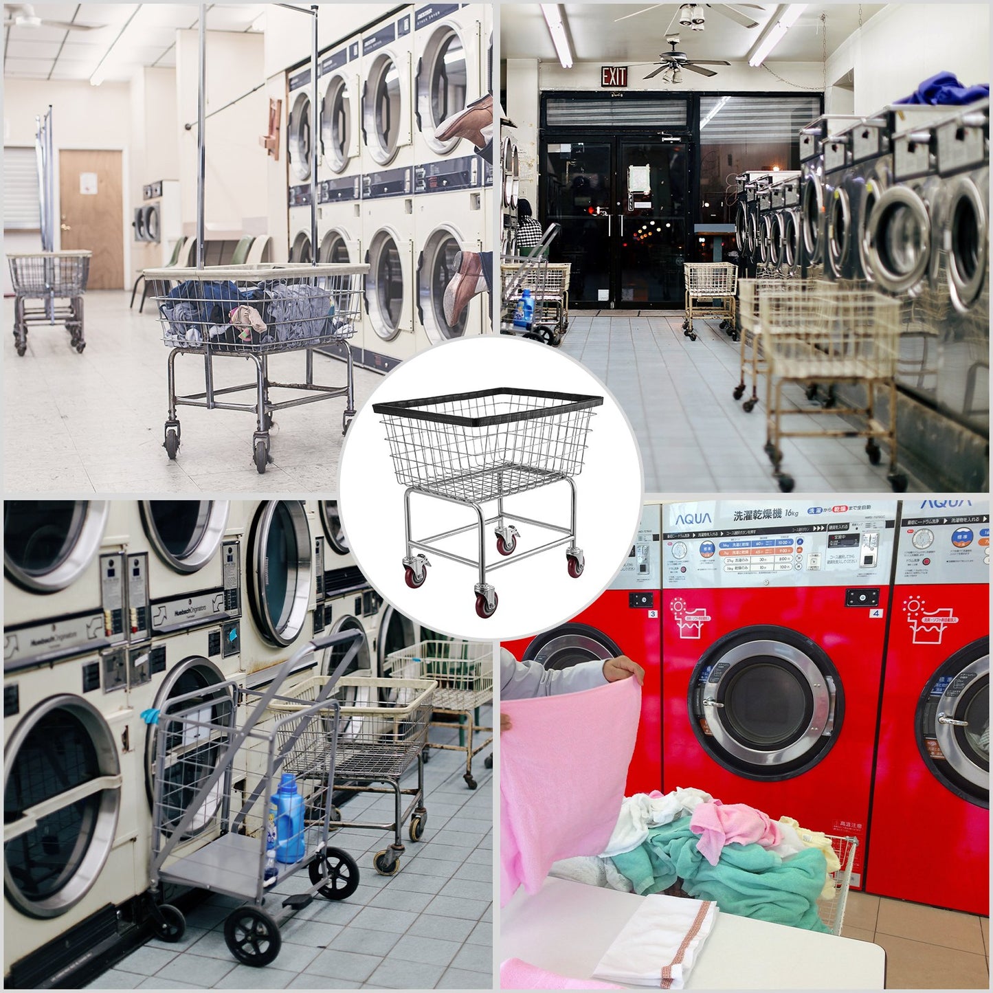 Wire Laundry Cart, 2.8Bushel Wire Laundry Basket with Wheels, 26.7''x21.7''x26.4'' Commercial Wire Laundry Basket Cart, Steel Frame with Chrome Finish, 4" Casters, Wire Basket Cart for Laundry