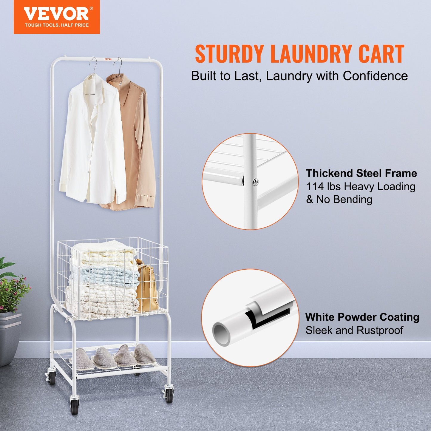 Metal Rolling Laundry Basket with Hanging Garment Rack, Height Adjustment Laundry Hamper Cart with Basket Load and Shelf Load, Storage Organizer with Heavy Duty Lockable Wheels