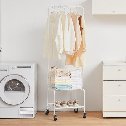 Metal Rolling Laundry Basket with Hanging Garment Rack, Height Adjustment Laundry Hamper Cart with Basket Load and Shelf Load, Storage Organizer with Heavy Duty Lockable Wheels