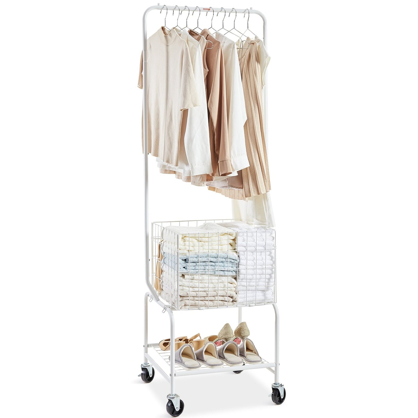Metal Rolling Laundry Basket with Hanging Garment Rack, Height Adjustment Laundry Hamper Cart with Basket Load and Shelf Load, Storage Organizer with Heavy Duty Lockable Wheels