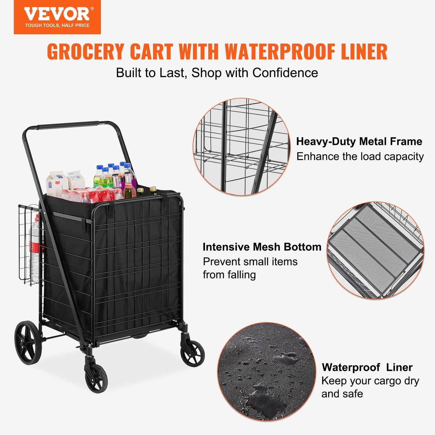 Folding Shopping Cart med avtagbart vattentätt foder, 330 LBS Jumbo livsmedelsbutik med stor kapacitet med dubbel korg, 360° svängbara hjul, tät metallnätbas, Heavy Duty Utility Cart för shopping