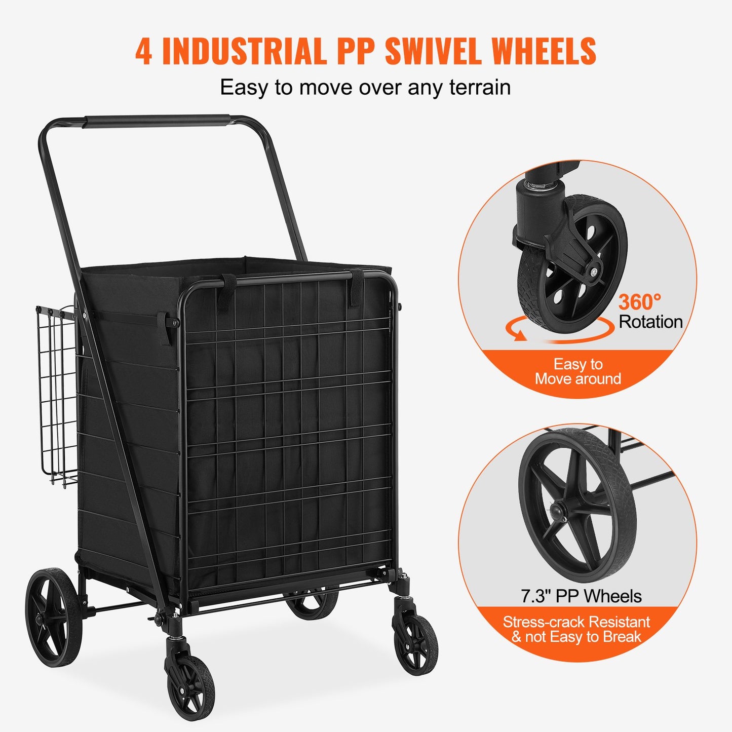 Folding Shopping Cart med avtagbart vattentätt foder, 330 LBS Jumbo livsmedelsbutik med stor kapacitet med dubbel korg, 360° svängbara hjul, tät metallnätbas, Heavy Duty Utility Cart för shopping
