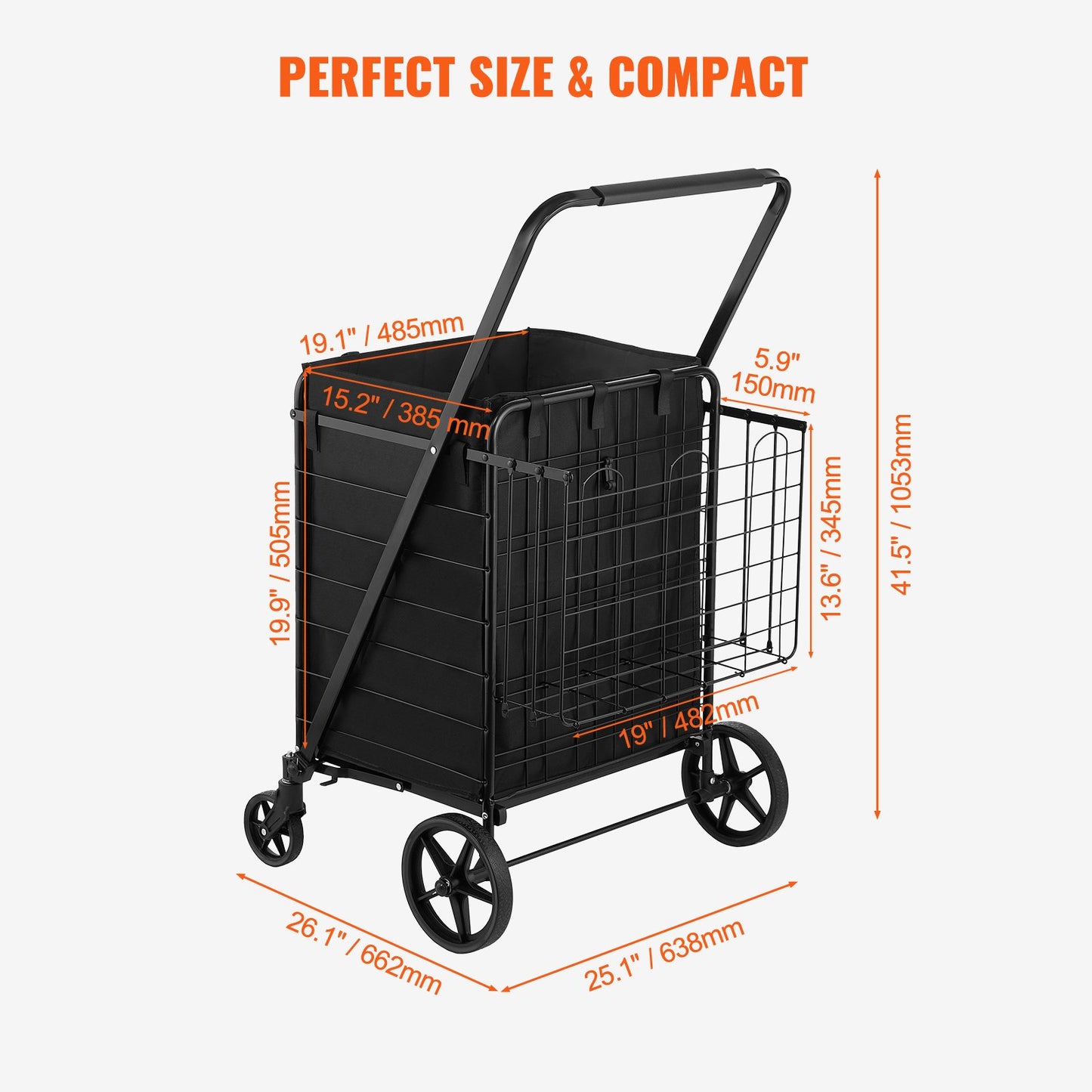 Folding Shopping Cart med avtagbart vattentätt foder, 330 LBS Jumbo livsmedelsbutik med stor kapacitet med dubbel korg, 360° svängbara hjul, tät metallnätbas, Heavy Duty Utility Cart för shopping