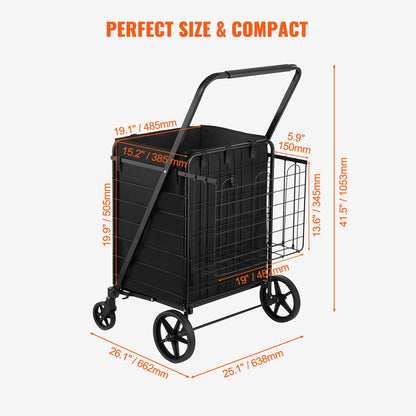 Folding Shopping Cart med avtagbart vattentätt foder, 330 LBS Jumbo livsmedelsbutik med stor kapacitet med dubbel korg, 360° svängbara hjul, tät metallnätbas, Heavy Duty Utility Cart för shopping