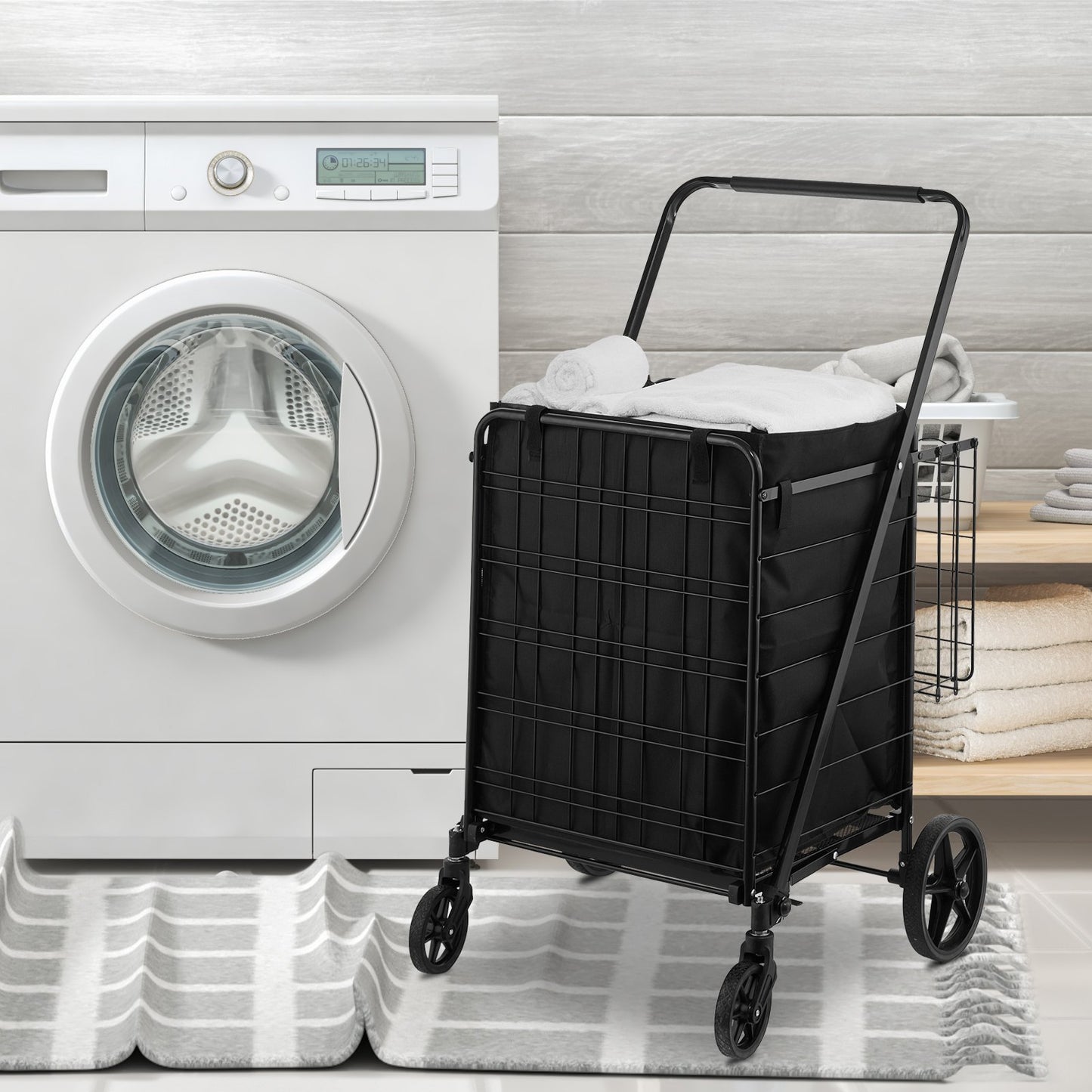 Folding Shopping Cart with Removable Waterproof Liner, 330LBS Large Capacity Jumbo Grocery Cart with Dual Basket, 360° Swivel Wheels, Dense Metal Mesh Base, Heavy Duty Utility Cart for Shopping