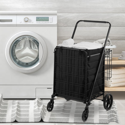 Folding Shopping Cart with Removable Waterproof Liner, 330LBS Large Capacity Jumbo Grocery Cart with Dual Basket, 360° Swivel Wheels, Dense Metal Mesh Base, Heavy Duty Utility Cart for Shopping