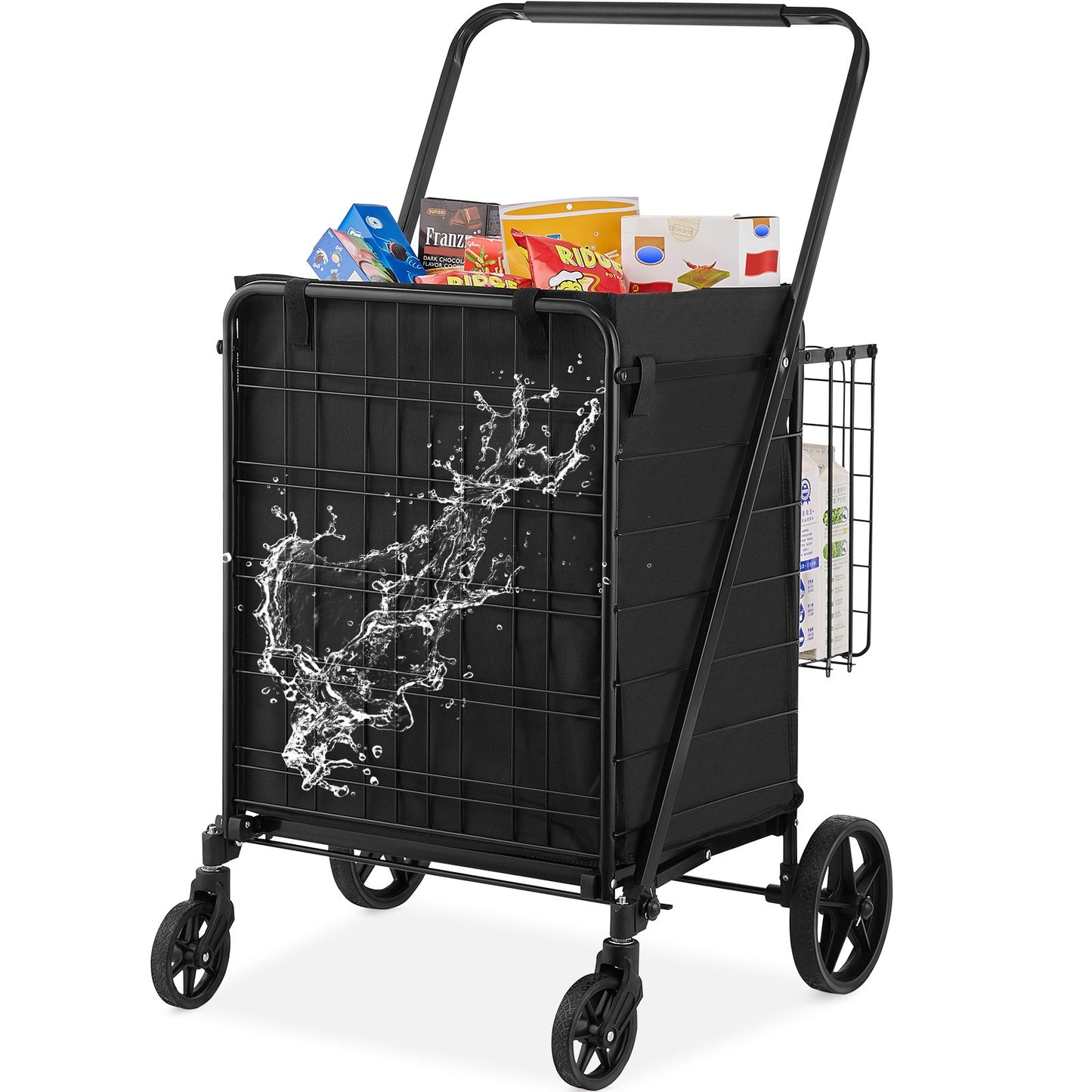 Folding Shopping Cart med avtagbart vattentätt foder, 330 LBS Jumbo livsmedelsbutik med stor kapacitet med dubbel korg, 360° svängbara hjul, tät metallnätbas, Heavy Duty Utility Cart för shopping