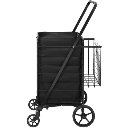 Folding Shopping Cart med avtagbart vattentätt foder, 330 LBS Jumbo livsmedelsbutik med stor kapacitet med dubbel korg, 360° svängbara hjul, tät metallnätbas, Heavy Duty Utility Cart för shopping
