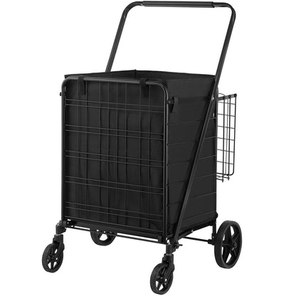 Folding Shopping Cart med avtagbart vattentätt foder, 330 LBS Jumbo livsmedelsbutik med stor kapacitet med dubbel korg, 360° svängbara hjul, tät metallnätbas, Heavy Duty Utility Cart för shopping