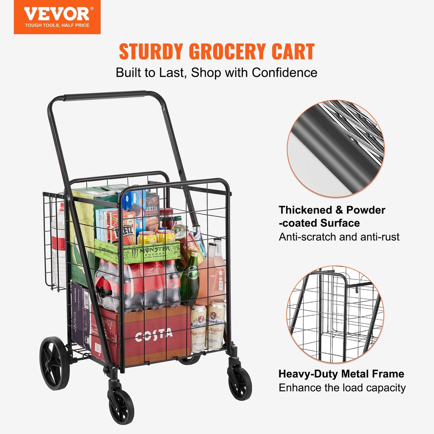 Folding Shopping Cart, Jumbo Grocery Cart med dubbla korgar, 360° svängbara hjul, Heavy Duty Utility Cart, 110 LBS Stor kapacitet Utility Cart för tvätt, shopping, livsmedel, bagage