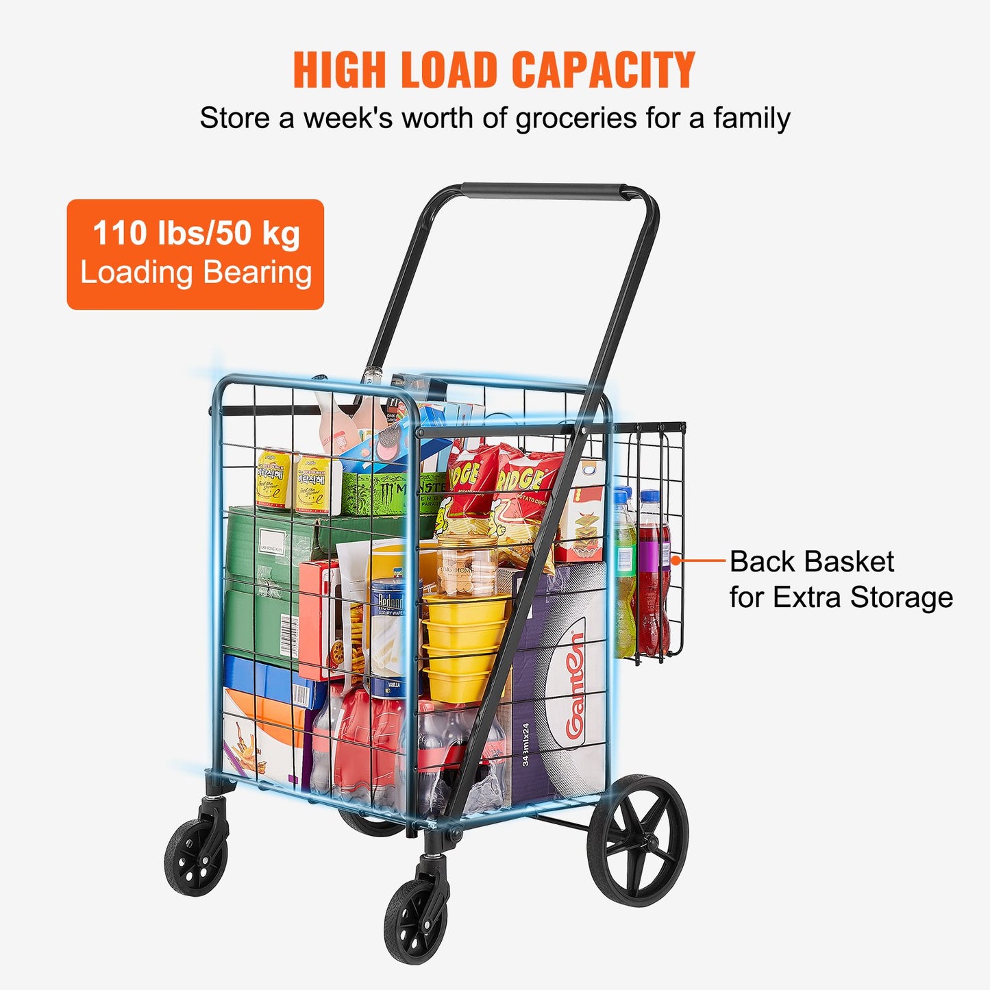 Folding Shopping Cart, Jumbo Grocery Cart med dubbla korgar, 360° svängbara hjul, Heavy Duty Utility Cart, 110 LBS Stor kapacitet Utility Cart för tvätt, shopping, livsmedel, bagage