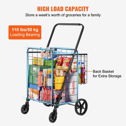 Folding Shopping Cart, Jumbo Grocery Cart med dubbla korgar, 360° svängbara hjul, Heavy Duty Utility Cart, 110 LBS Stor kapacitet Utility Cart för tvätt, shopping, livsmedel, bagage