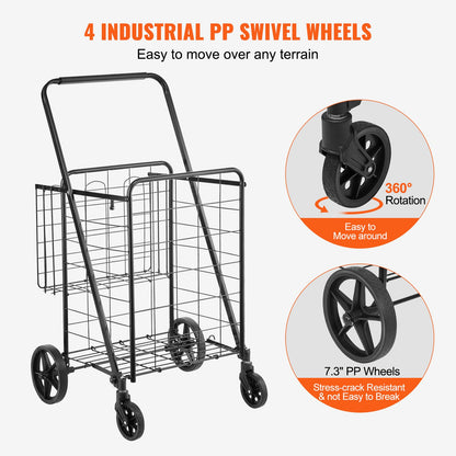 Folding Shopping Cart, Jumbo Grocery Cart med dubbla korgar, 360° svängbara hjul, Heavy Duty Utility Cart, 110 LBS Stor kapacitet Utility Cart för tvätt, shopping, livsmedel, bagage