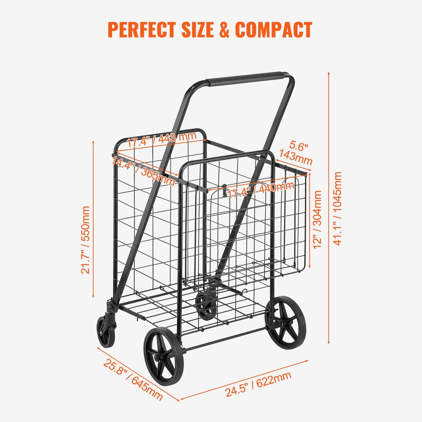 Folding Shopping Cart, Jumbo Grocery Cart med dubbla korgar, 360° svängbara hjul, Heavy Duty Utility Cart, 110 LBS Stor kapacitet Utility Cart för tvätt, shopping, livsmedel, bagage
