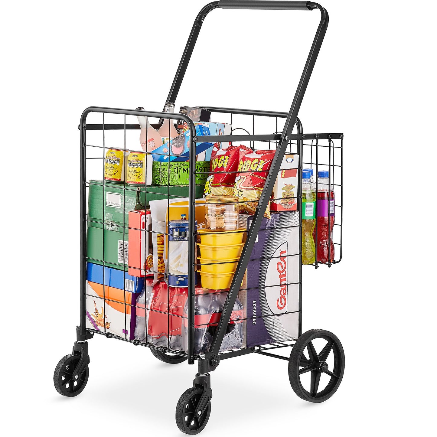 Folding Shopping Cart, Jumbo Grocery Cart med dubbla korgar, 360° svängbara hjul, Heavy Duty Utility Cart, 110 LBS Stor kapacitet Utility Cart för tvätt, shopping, livsmedel, bagage