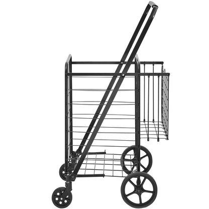Folding Shopping Cart, Jumbo Grocery Cart med dubbla korgar, 360° svängbara hjul, Heavy Duty Utility Cart, 110 LBS Stor kapacitet Utility Cart för tvätt, shopping, livsmedel, bagage