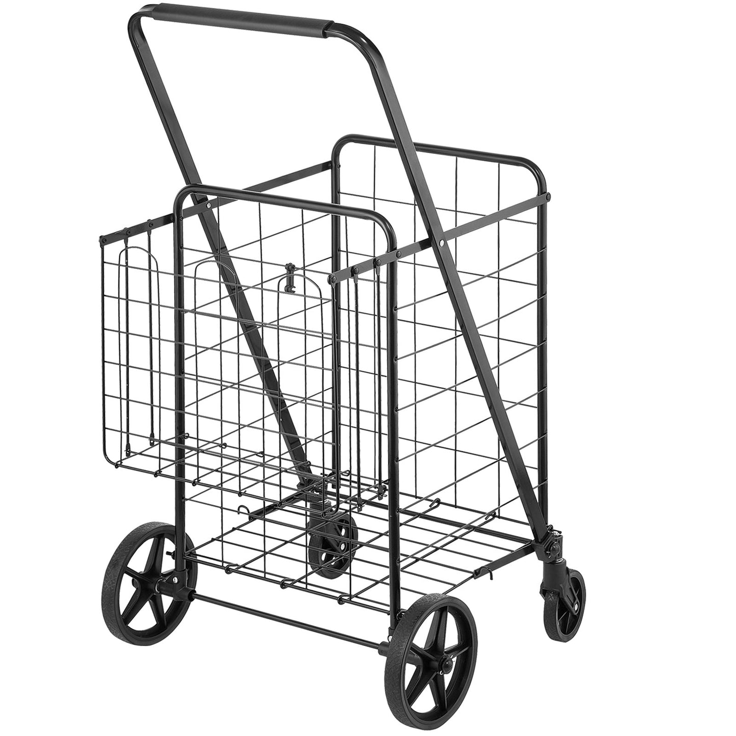 Folding Shopping Cart, Jumbo Grocery Cart med dubbla korgar, 360° svängbara hjul, Heavy Duty Utility Cart, 110 LBS Stor kapacitet Utility Cart för tvätt, shopping, livsmedel, bagage