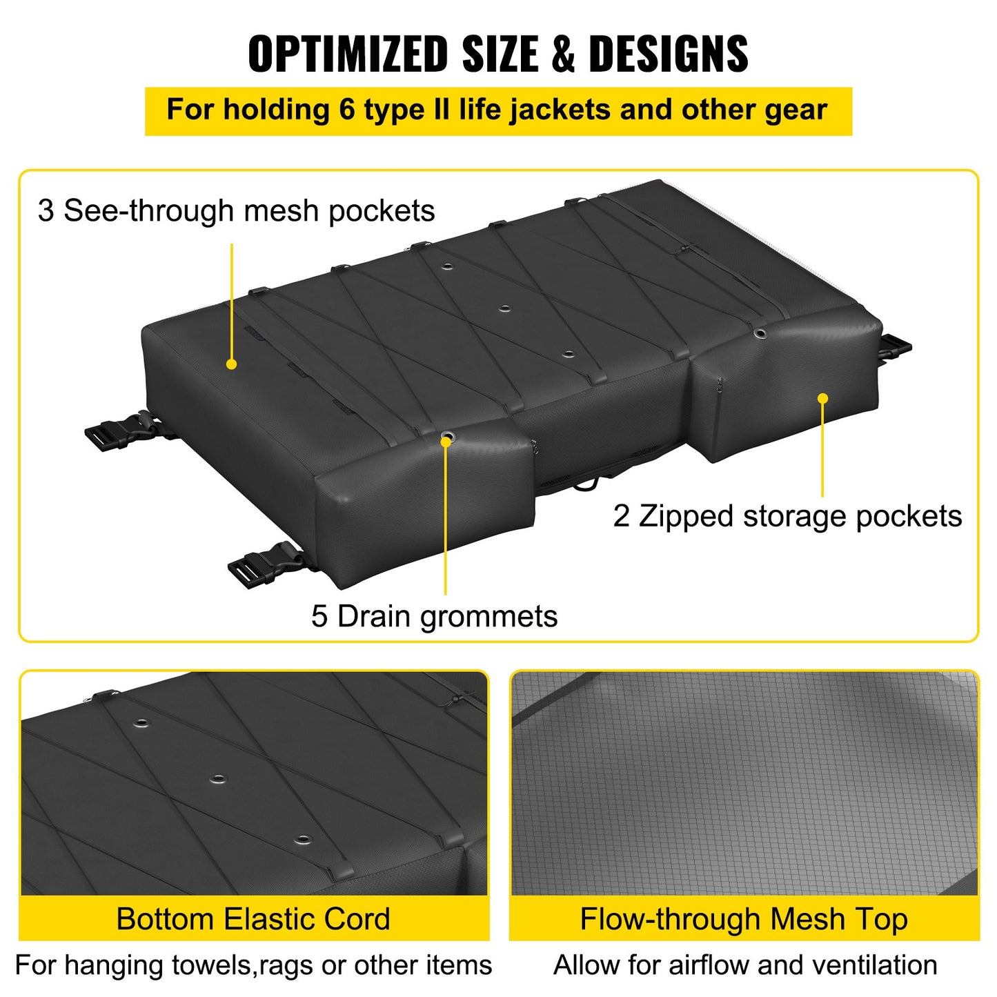 T-Top Storage Bag, for 6 Type II Life Jackets, with a Boat Trash Bag, 600D Oxford Fabric Life Vests Storage Bag for Most T-Top Boats, Bimini Tops and Pontoon Tops (Life Jackets not Included)