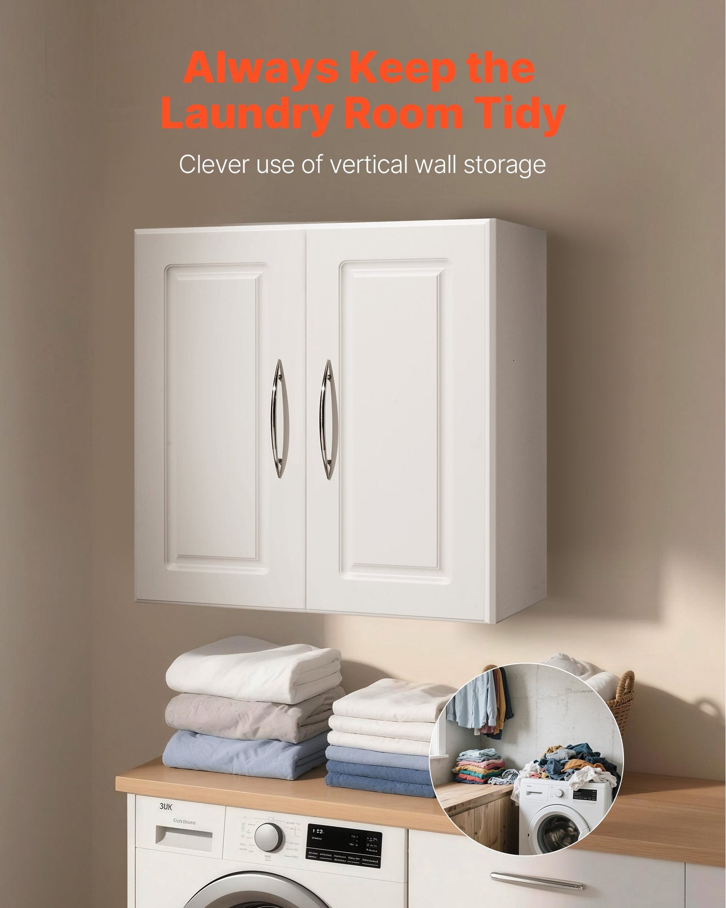 Laundry Room Wall Cabinet, 2-Tier Wall Mounted Hanging Cabinet with Adjustable Shelf, Cupboard Storage with 2 Doors, for Kitchen, Bathroom, Laundry, 11.8 x 23.6 x 23.6 in (D x W x H), White