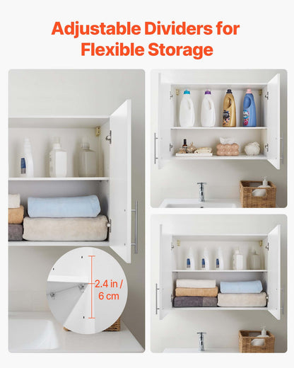 Laundry Room Wall Cabinet, 2-Tier Wall Mounted Hanging Cabinet with Adjustable Shelf, 32 in Cupboard Storage with 2 Doors, for Bathroom, Kitchen, Laundry, 16 x 32 x 24 in (D x W x H), White