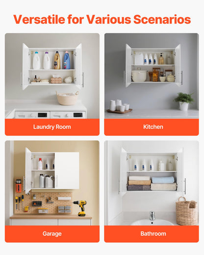 Laundry Room Wall Cabinet, 2-Tier Wall Mounted Hanging Cabinet with Adjustable Shelf, 32 in Cupboard Storage with 2 Doors, for Bathroom, Kitchen, Laundry, 16 x 32 x 24 in (D x W x H), White