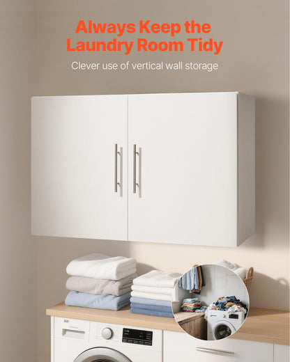 Laundry Room Wall Cabinet, 2-Tier Wall Mounted Hanging Cabinet with Adjustable Shelf, 36 in Cupboard Storage with 2 Doors, for Kitchen, Bathroom, Laundry, 16 x 36 x 24 in (D x W x H), White