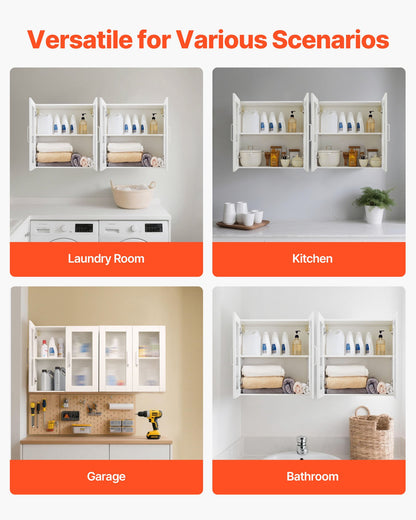 Laundry Room Wall Cabinet, 2-Tier Wall Mounted Cabinet with Adjustable Shelf, Cupboard Storage with 4 Doors, for Kitchen, Bathroom, Laundry, Set of 2, Each 12 x 24 x 24 in (D x W x H), White